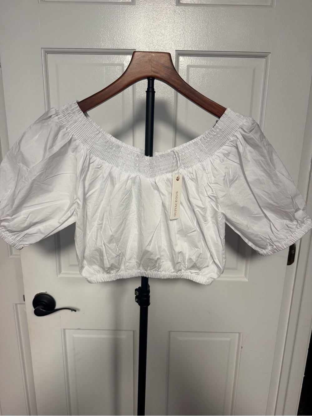 Olivaceous White Off-Shoulder Puff Sleeve Crop Top Peasant Boho Large New
